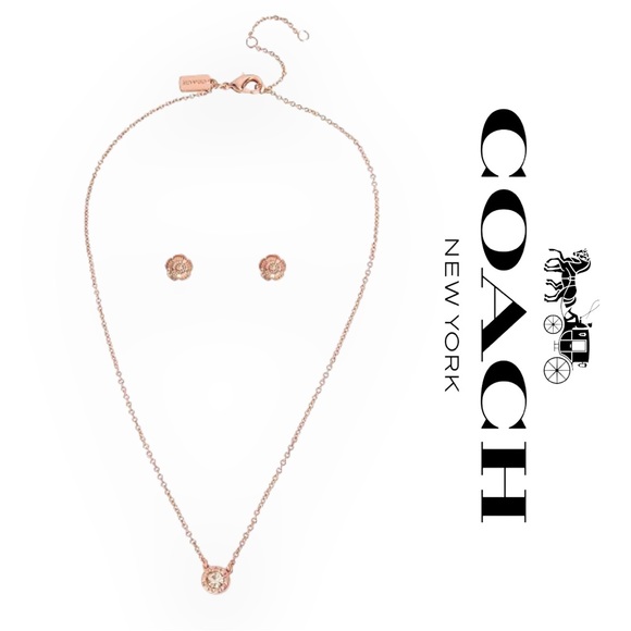 Coach Jewelry Coach Rose Gold Pendant Necklace And Floral Stud